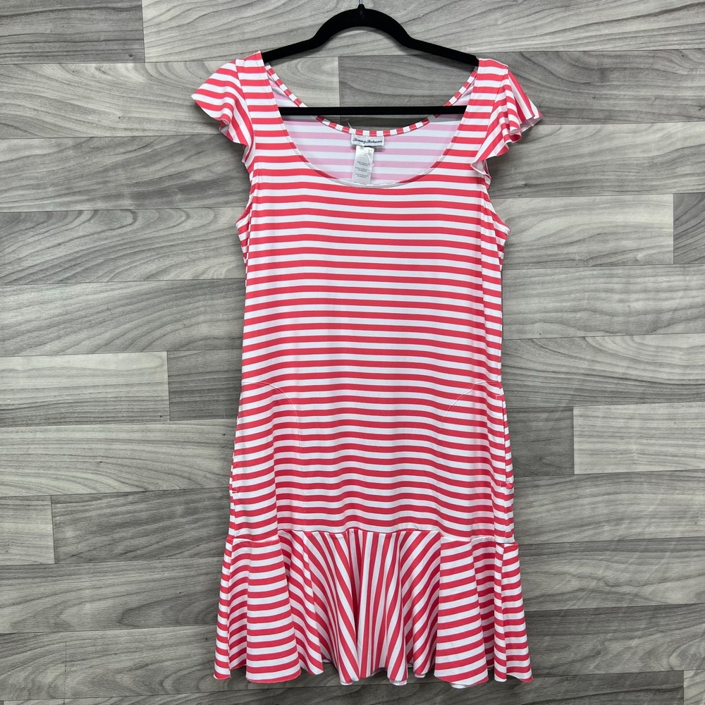 Tommy Bahama Spa Swim Dress Women Small Pink Stripe Flutter Sleeve Ruffle Hem